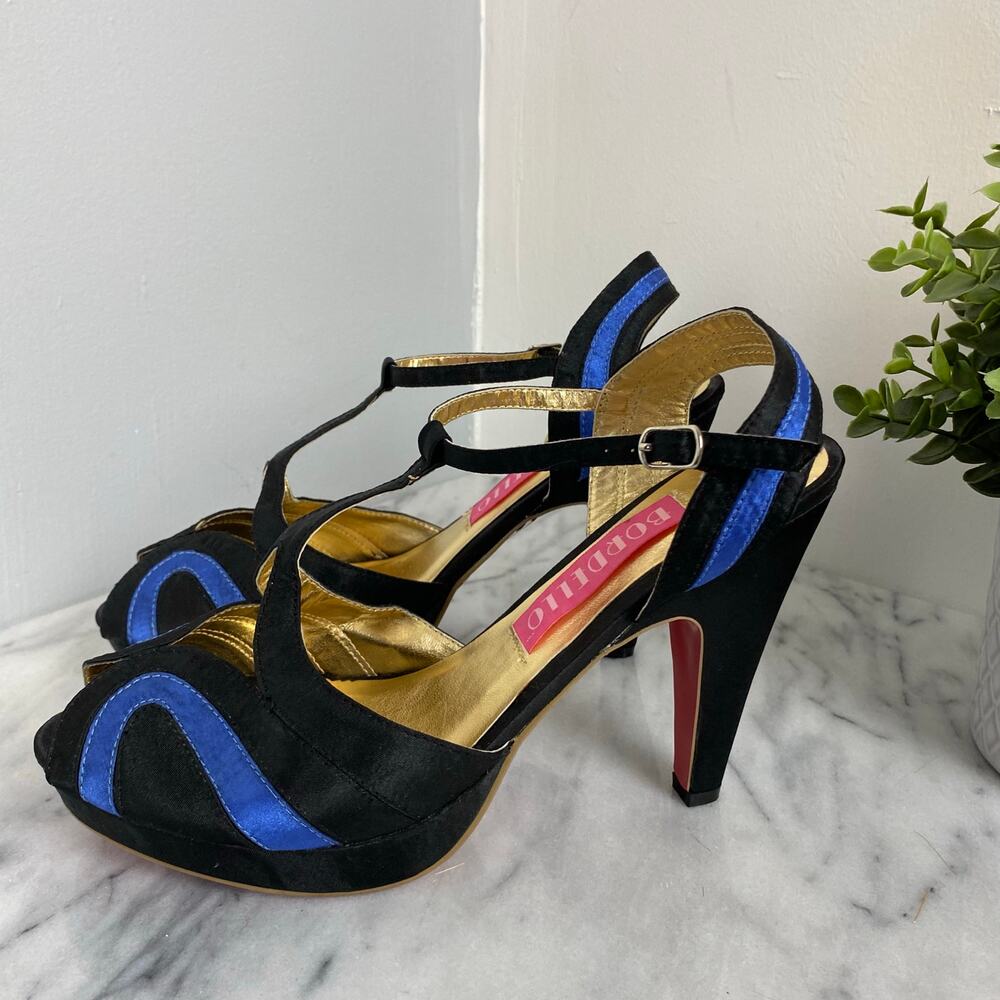 Bordello Giggle 02 Black Blue Satin T Strap Peep Toe Heel Pump Pinup Size 10 New - Picture 3 of 9